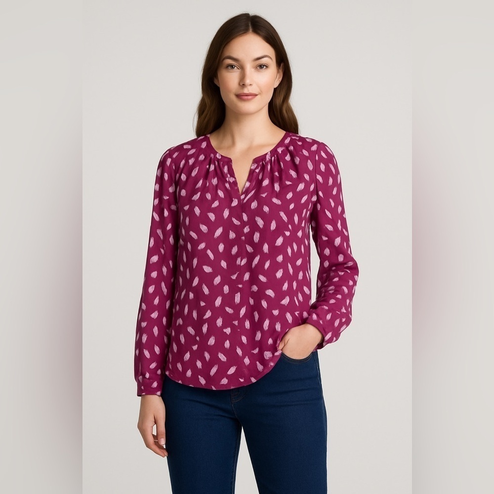 Nine West Berry Pink Speckle Print Blouse Women’s XS – Long Sleeve Boho Classic